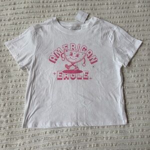 NWT American Eagle White Classic Smiling Graphic Pink Tee Shirt Size Small